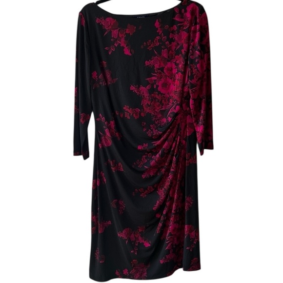Chaps Dresses & Skirts - Chaps XL Black Floral Side Ruched 3/4 Sleeve Stretch Knit Midi Dress